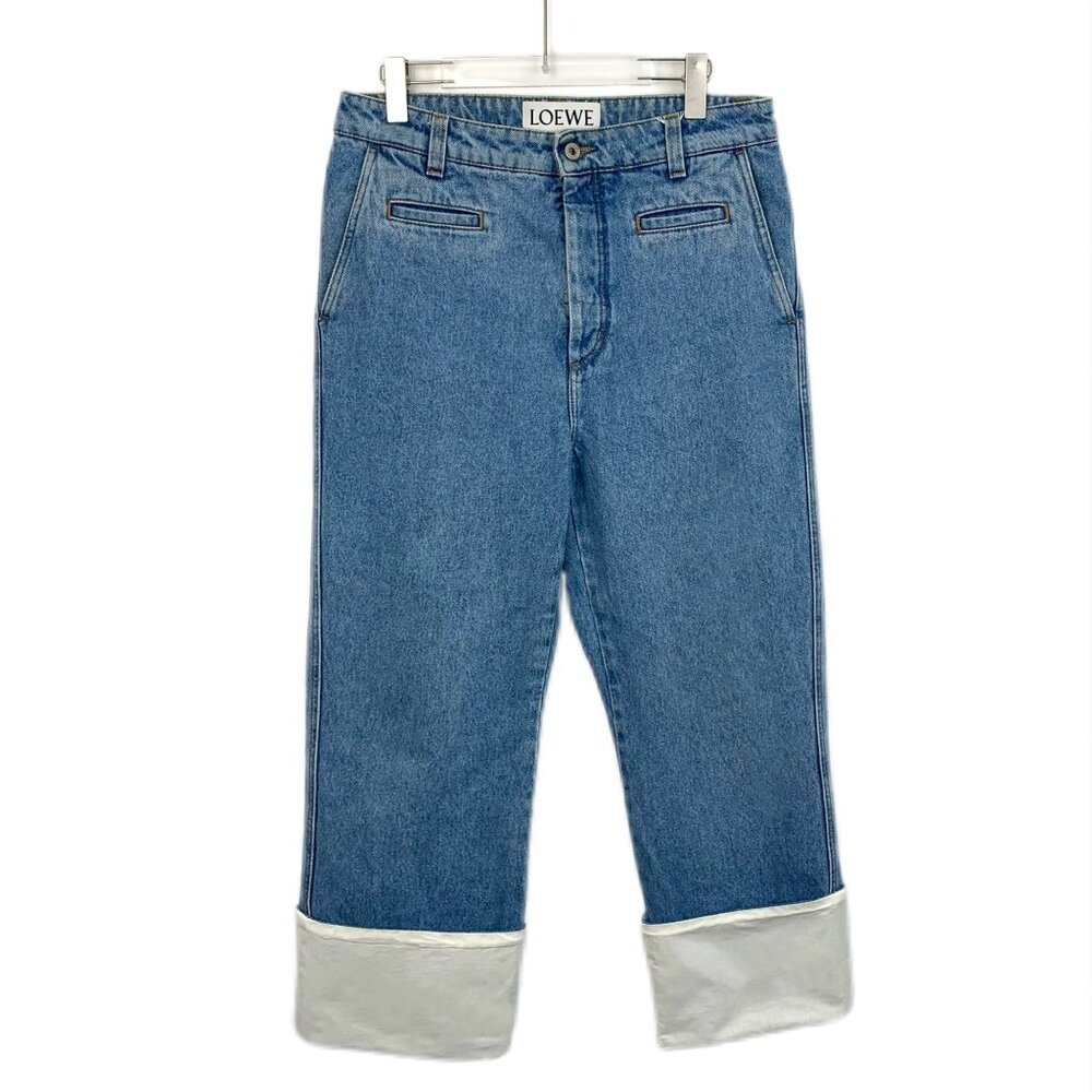 Loewe Blue Logo Leather Patch Cuffed Straight-Leg Denim Trousers